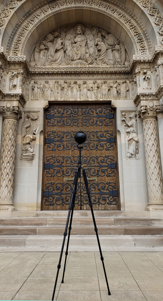 A 360 camera in front of a church